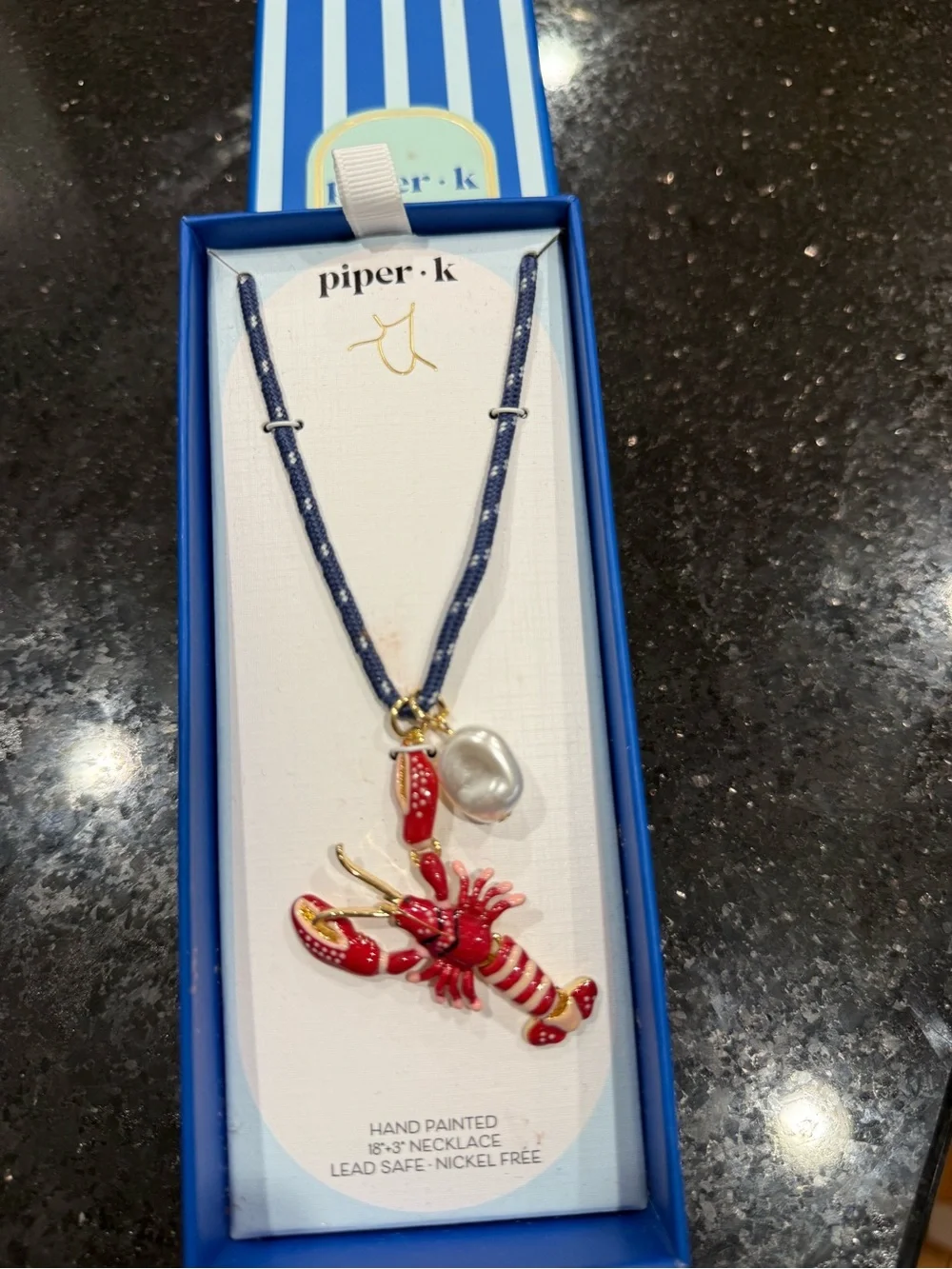 Piper·k Red Lobster Charm Necklace with Navy Cord and Faux Pearl